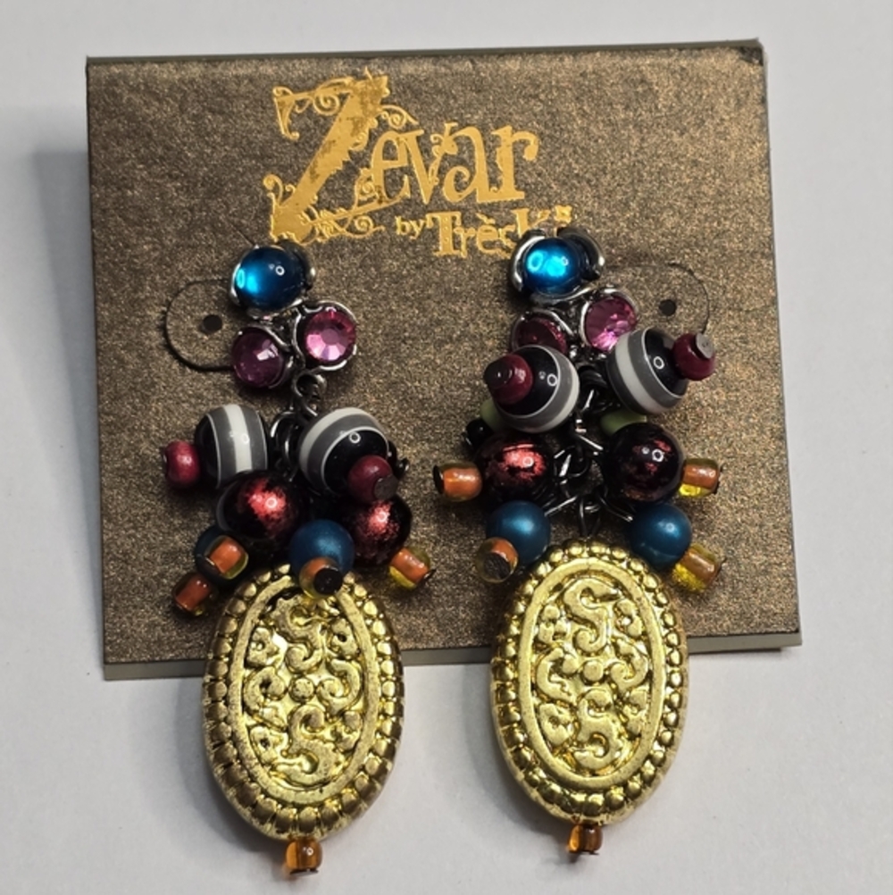 Treska Gold Tone Oval Dangle Beaded Statement‎ Earrings Costume Jewelry New